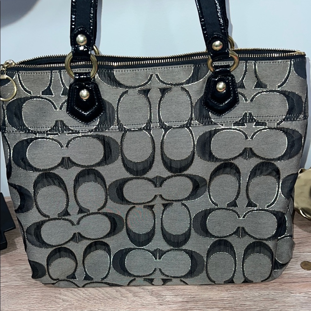 Coach Signature Poppy Canvas Tote with Black Patent Leather Trim - Picture 5 of 11